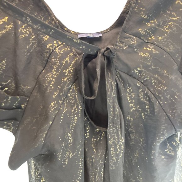 Gap Black Sheer Metallic Gold Accent Blouse Large Short Sleeve Party Holiday Top - Picture 9 of 9